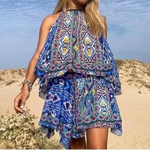 ZARA Set of Printed Halter top swing multicoloured top w matching mini skirt L